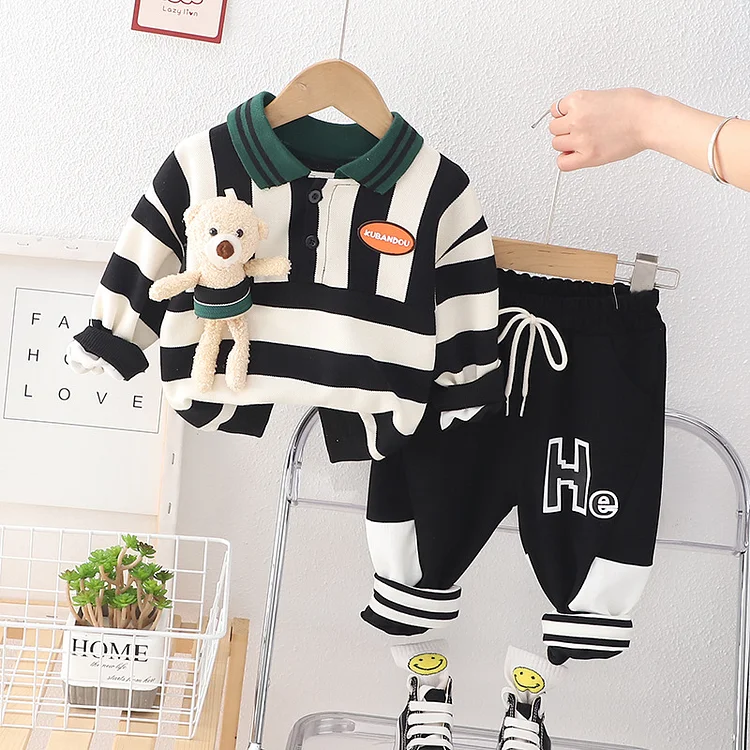 2pcs Baby Boy/Girl Stripe Bear Doll Decor Sweatshirt & Drawstring Pants Set