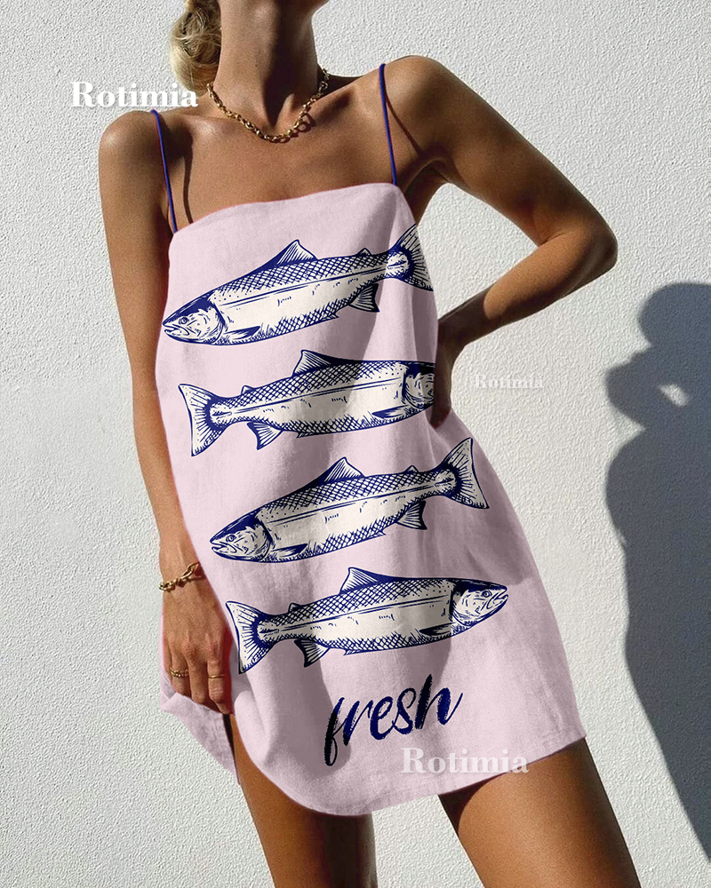 Rotimia Stylish Fish Print Strap Mini Dress