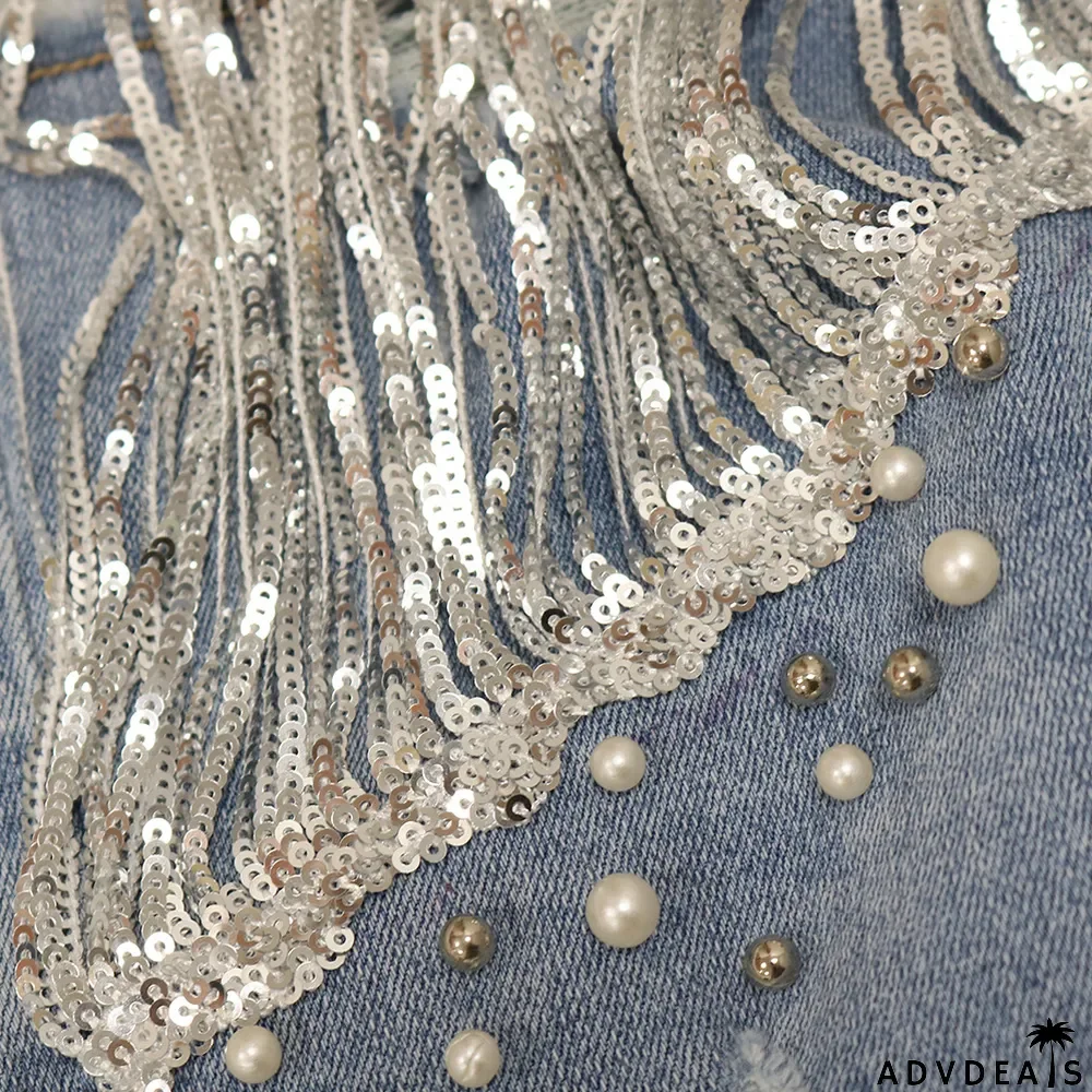 Fashion Sequin Fringe Pearl Denim Shorts