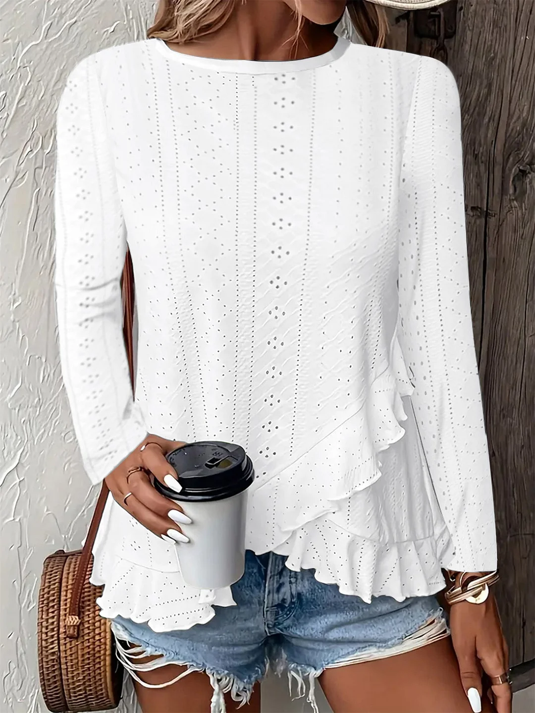Women Long Sleeve Scoop Neck Solid Color Tops