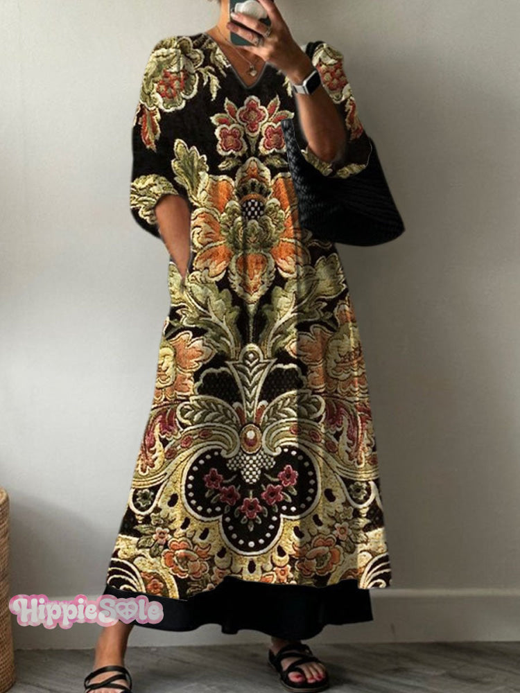 Women’s Vintage Lovely Floral Art Print Pocket V-Neck Cotton Dress Multicolor / S