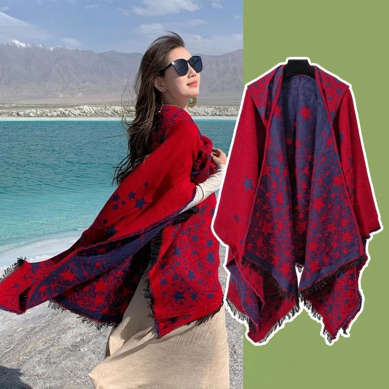 Ethnic Style Hooded Cape Women’s Yunnan Tibet Western Sichuan Grassland Bohemia Travel Wear Scarf Coat
