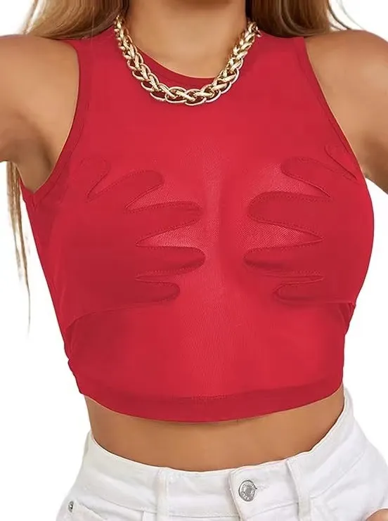 Brownm 2024 Summer New Round-Neck Women's Sleeveless Mesh Perspective Embroidered Palm Creative Vest Woman