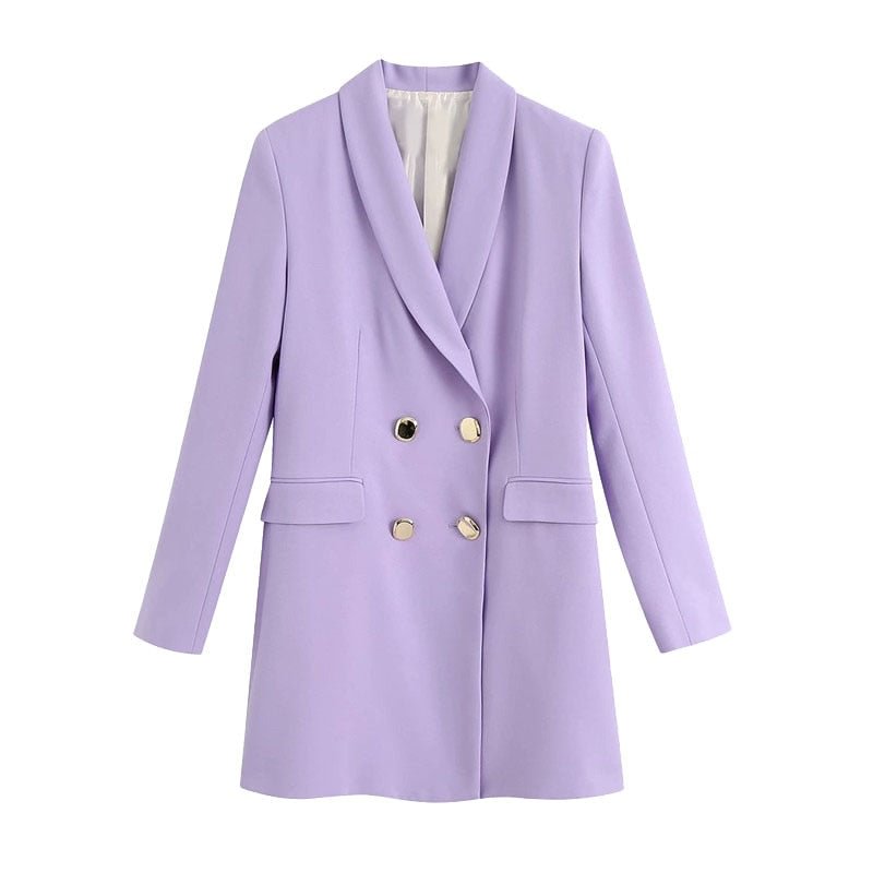 TRAF Women Fashion Office Wear Double Breasted Blazer Coat Vintage Long Sleeve Flap Pockets Female Outerwear Chic Tops