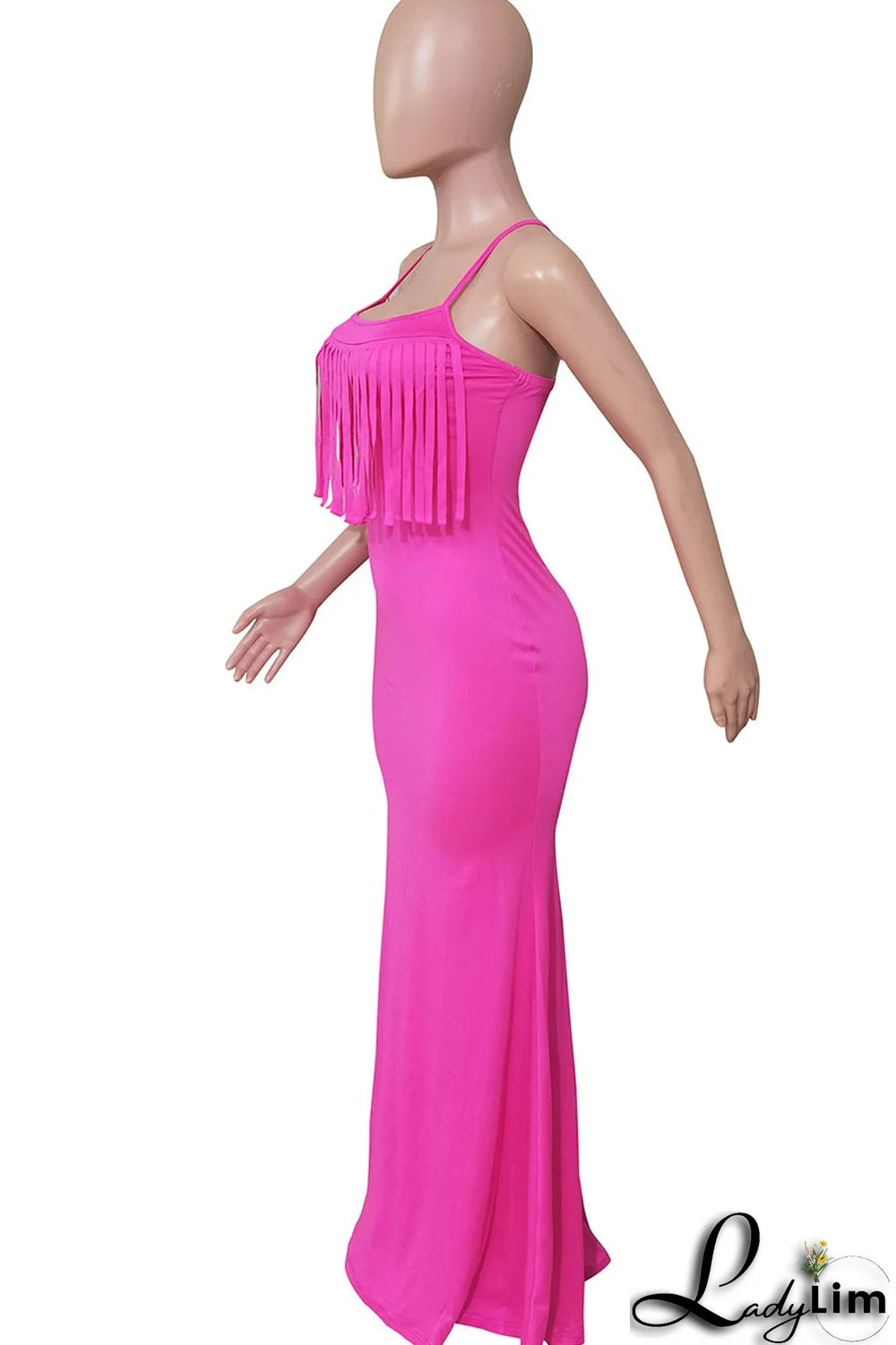 Rose Red Sexy Solid Tassel Split Joint Spaghetti Strap One Step Skirt Dresses