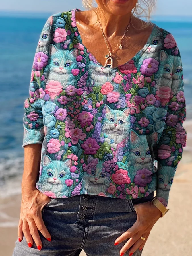 Women's Hippie Style Cute Cat Floral Print Casual Long Sleeve Top