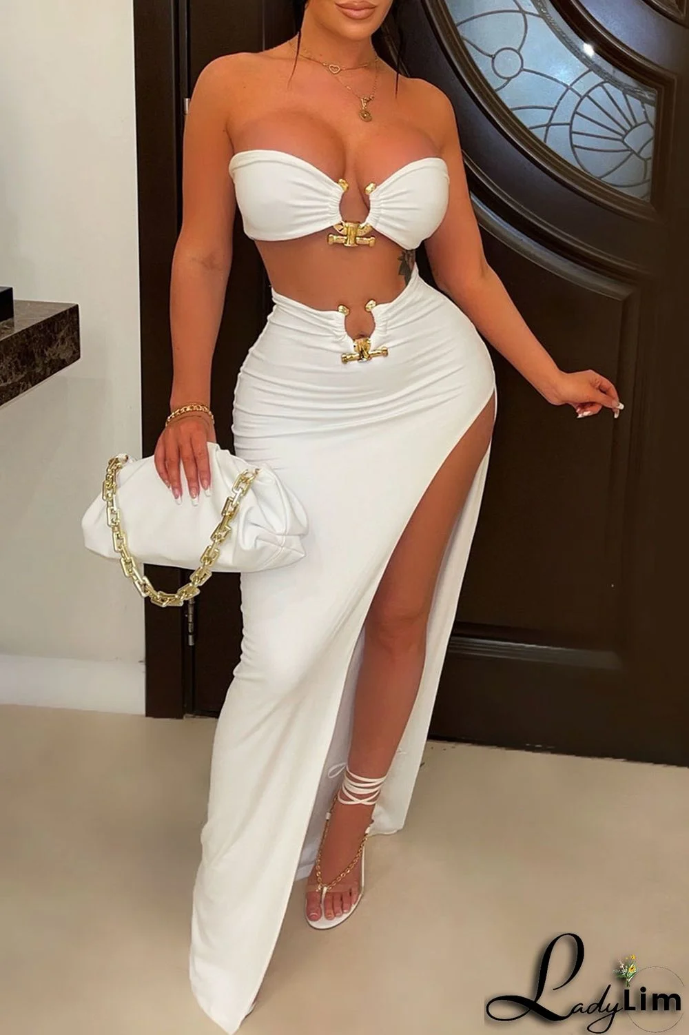 Black White Sexy Solid Patchwork Slit Strapless Sleeveless Two Pieces