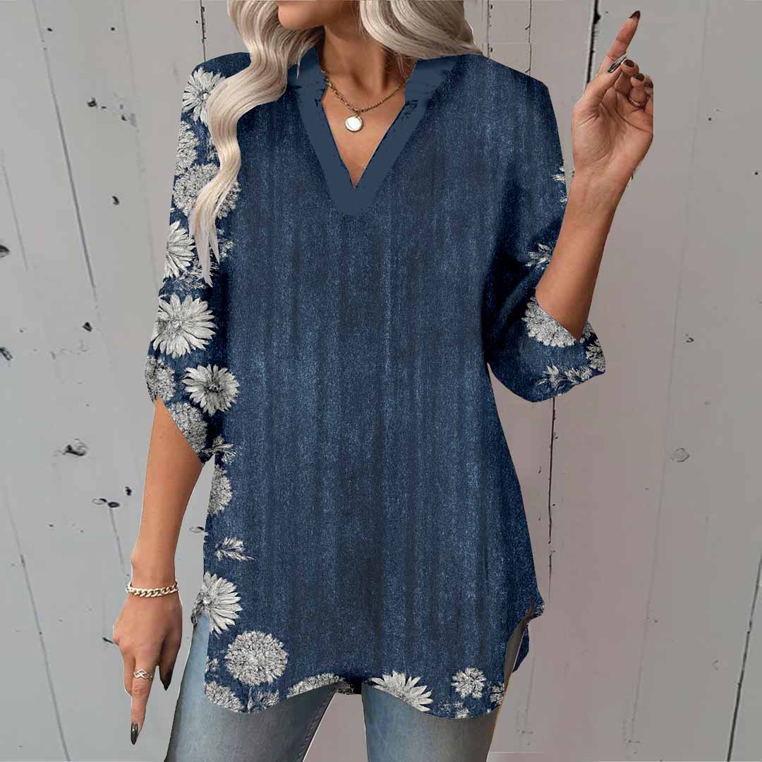 Women Floral, Blue DZGA0063 3/4 Sleeve V-neck Printed Graphic Button Tops