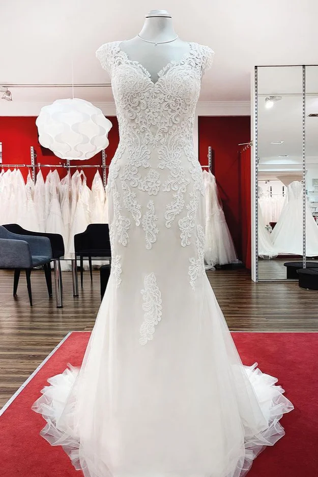 Daisda Long Mermaid Lace Sweetheart Open Back Wedding Dress with Appliques Lace