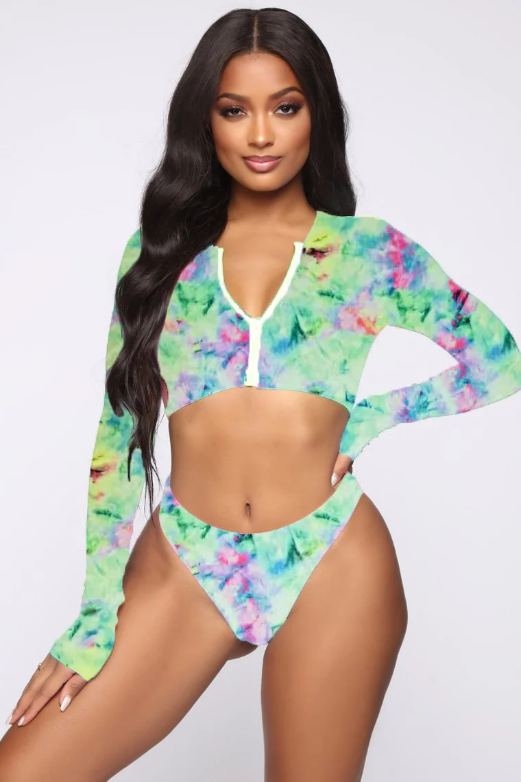 Uveng Uveng New Tie-Dye Multi-Color Print Long Sleeve Split Bikini Swimsuit