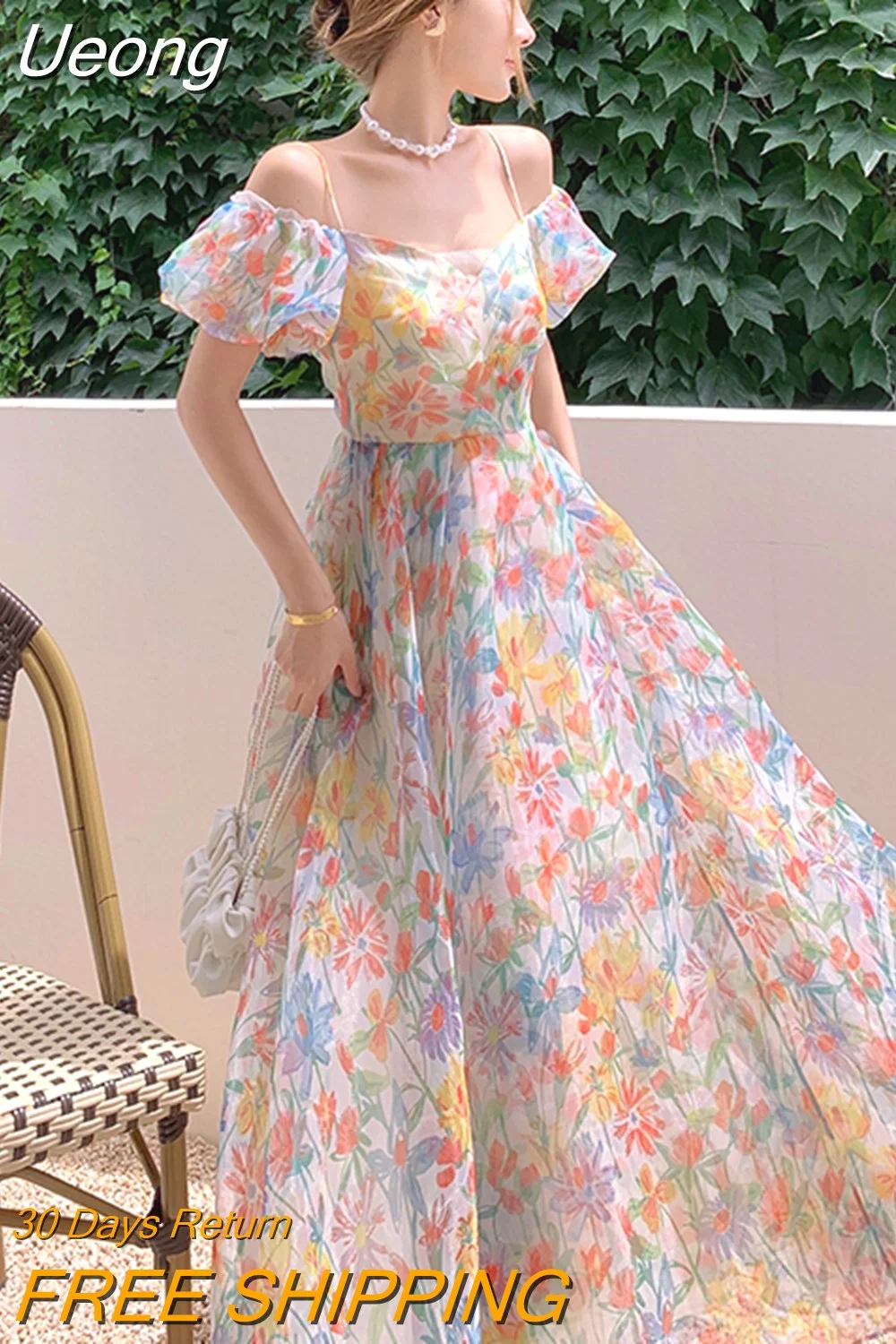 Ueong Women Birthday Dress Sheer Casual Sexy Floral Strap Backless Bandage Maxi Party Vacation Lady Robe Femme Mujer Vestidos