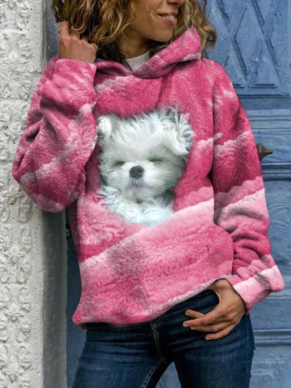 Fashionable Dog Print Hooded Long-Sleeved Sweatshirt