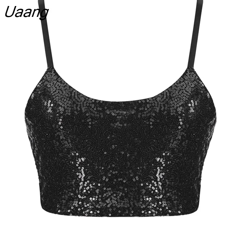 Uaang Women Shiny Sequin Tube Crop Top Sleeveless Strap Bra Vests