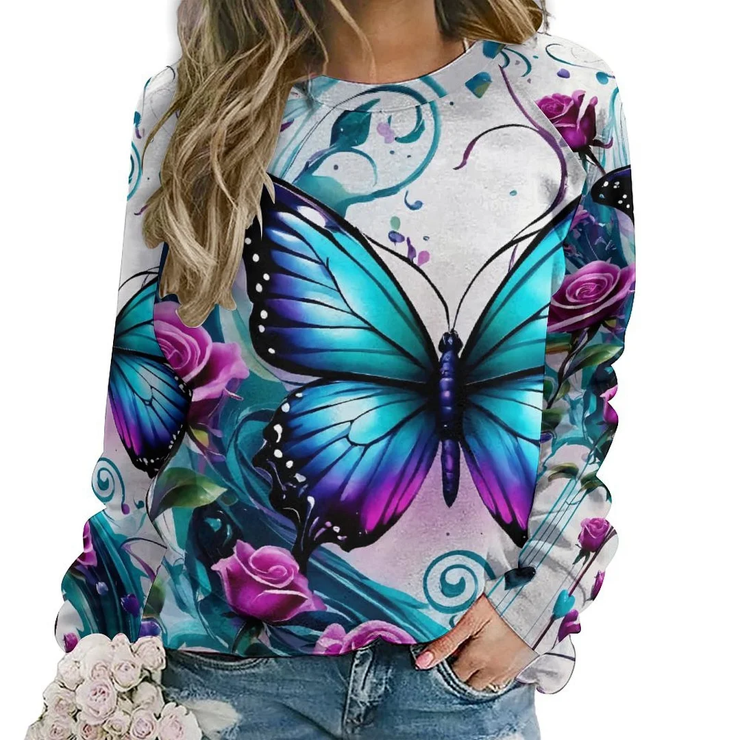 Printed Long Sleeve Casual Sweatshirt for  Women and Men Unisex Pattern Butterfly, Purple, Blue, Floral