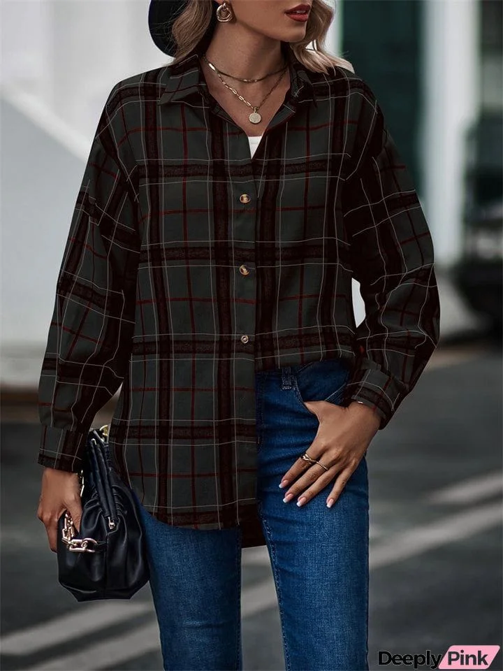 Fashion Leisure Baggy Grid Long Sleeve Women's Blouses