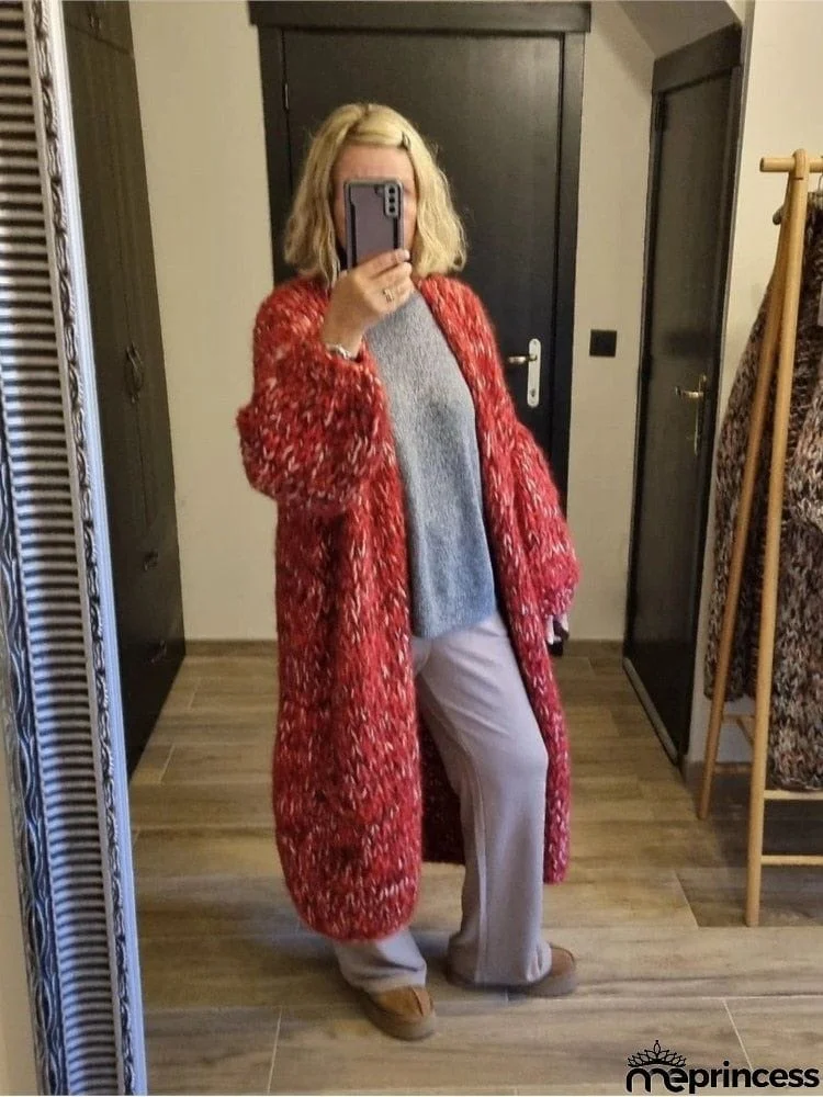 Womens Mohair Sweater Red Mélange  Knitted O-neck Long Cardigans Women