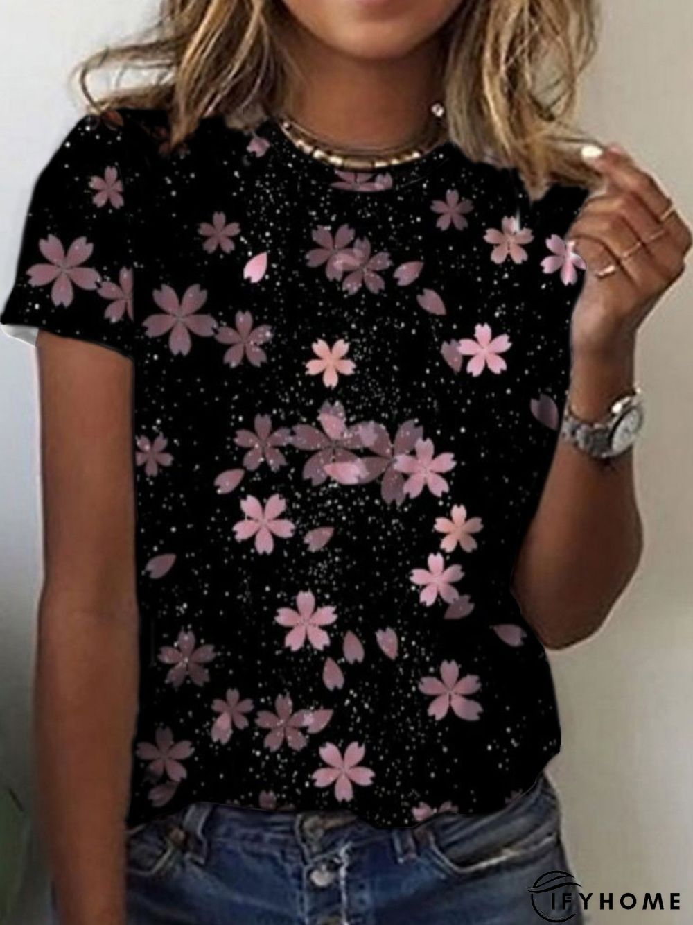 Casual Crew Neck Floral Short Sleeve T-Shirt | IFYHOME