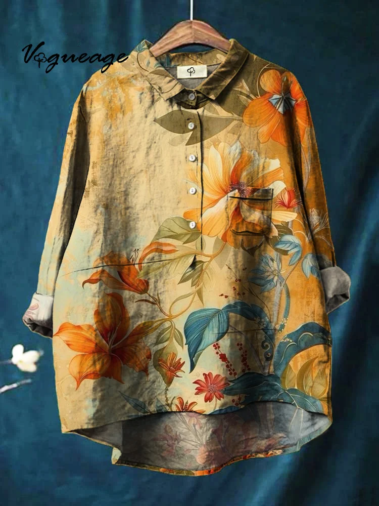 Elegant Comfortable And Generous Flowers Print Cotton And Linen Shirt