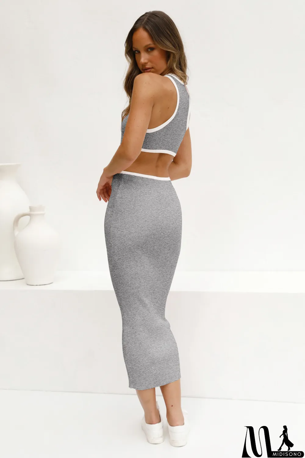 MidiSono - Fashionable round neck pullover tight hollow open back sexy racer dress bodycon midi skirt