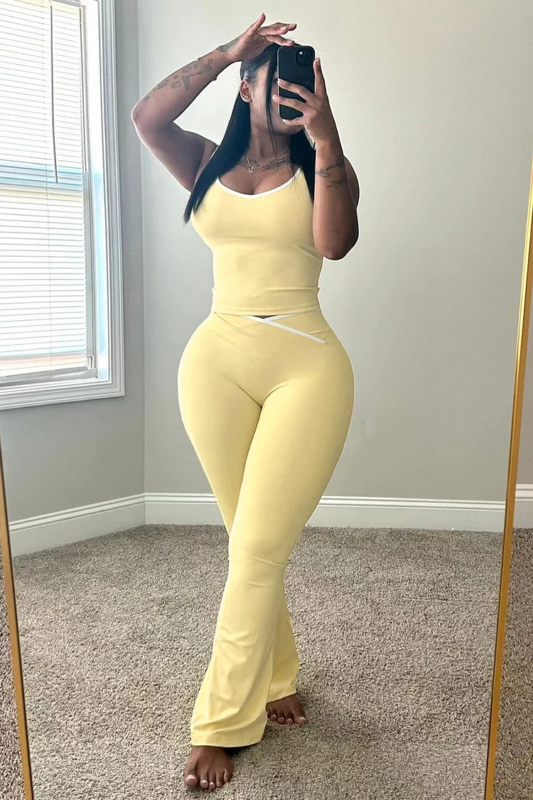 Contrast Piping U Neck Tank Top Slim Fit Flared Pants 2pcs Set-Yellow