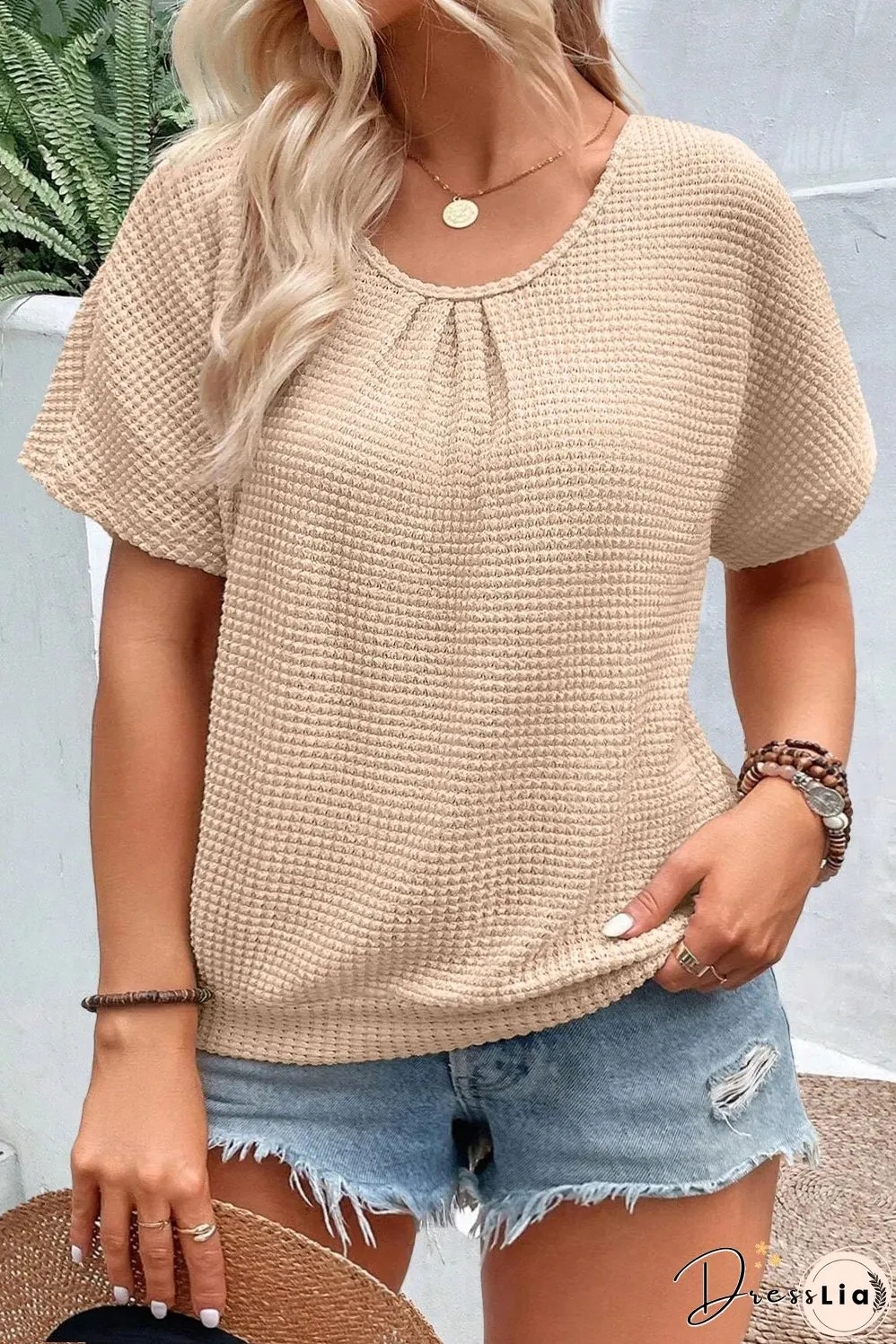 Beige Guipure Lace Insert Textured Plus Size Tee
