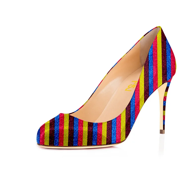 Multi-color Stripes Stiletto Heels Rainbow Round Toe Pumps |FSJ Shoes