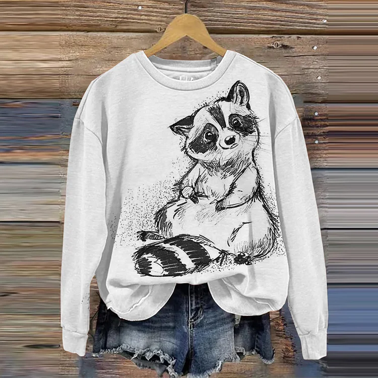 🔥kukelife🔥Women's Funny Raccoon Sketch Print Casual Sweathshirt