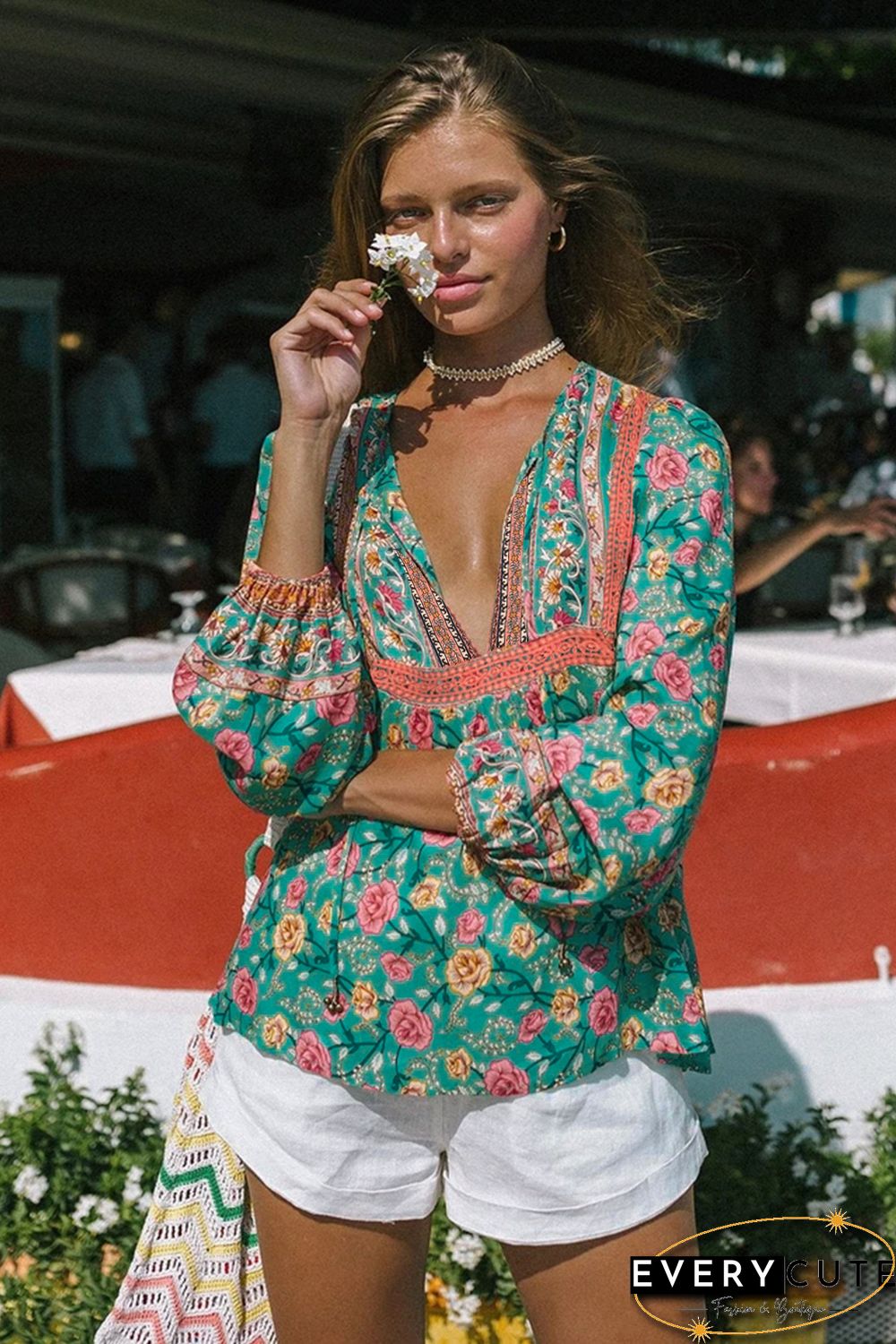 Green V Cut Neck Floral Lantern Sleeve Blouse