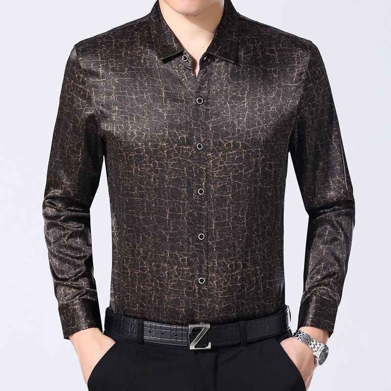 Brown Mens Cozy Printed Long Sleeves Silk Shirt