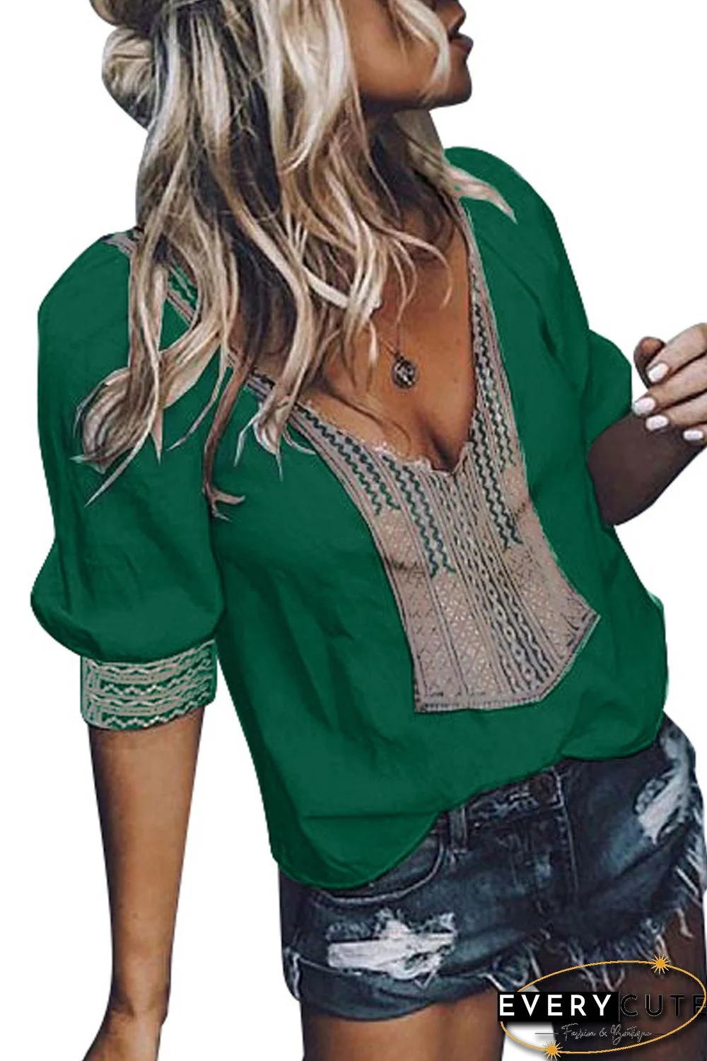 Green Deep V-neck Half Sleeve Embroidery Patch Blouse