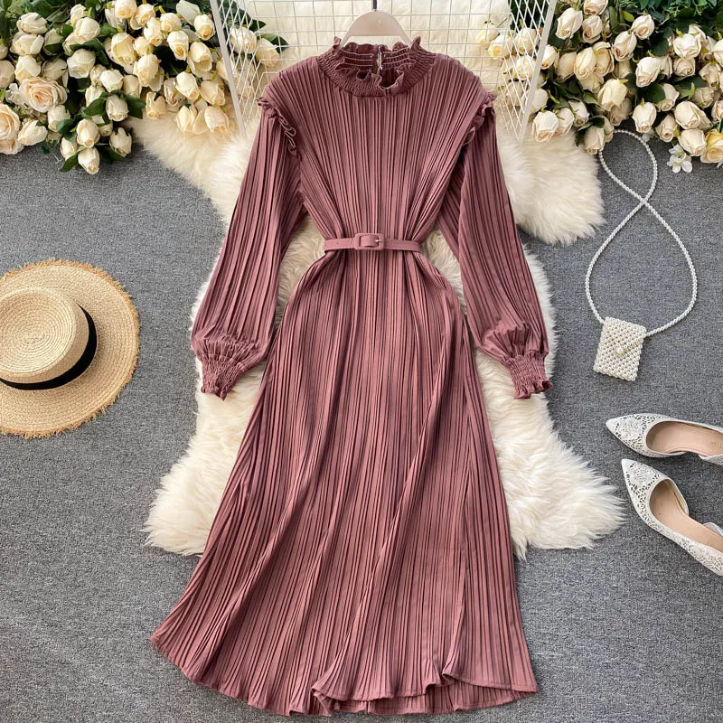 Croysier Spring Autumn Dresses For Women Casual Stand Collar Frill Long Sleeve Pleated Dress With Belt Ladies Elegant Midi Dress