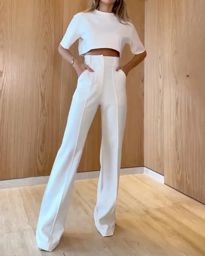 Round Neck Top and Trousers Two-piece Set