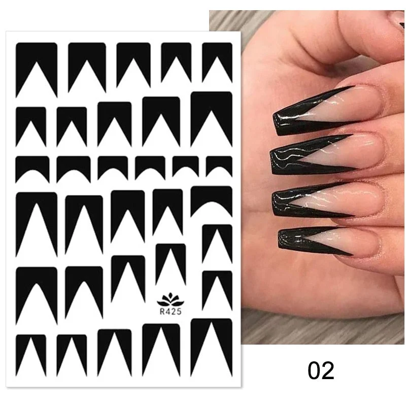 Black White French Line Nails Stickers Chess Oblique Strip Design Decals 3D Creative Geometry Love Heart Manicures Tips