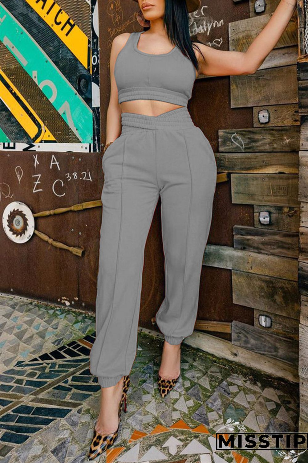 Grey Sexy Casual Solid Patchwork U Neck Sleeveless Two Pieces