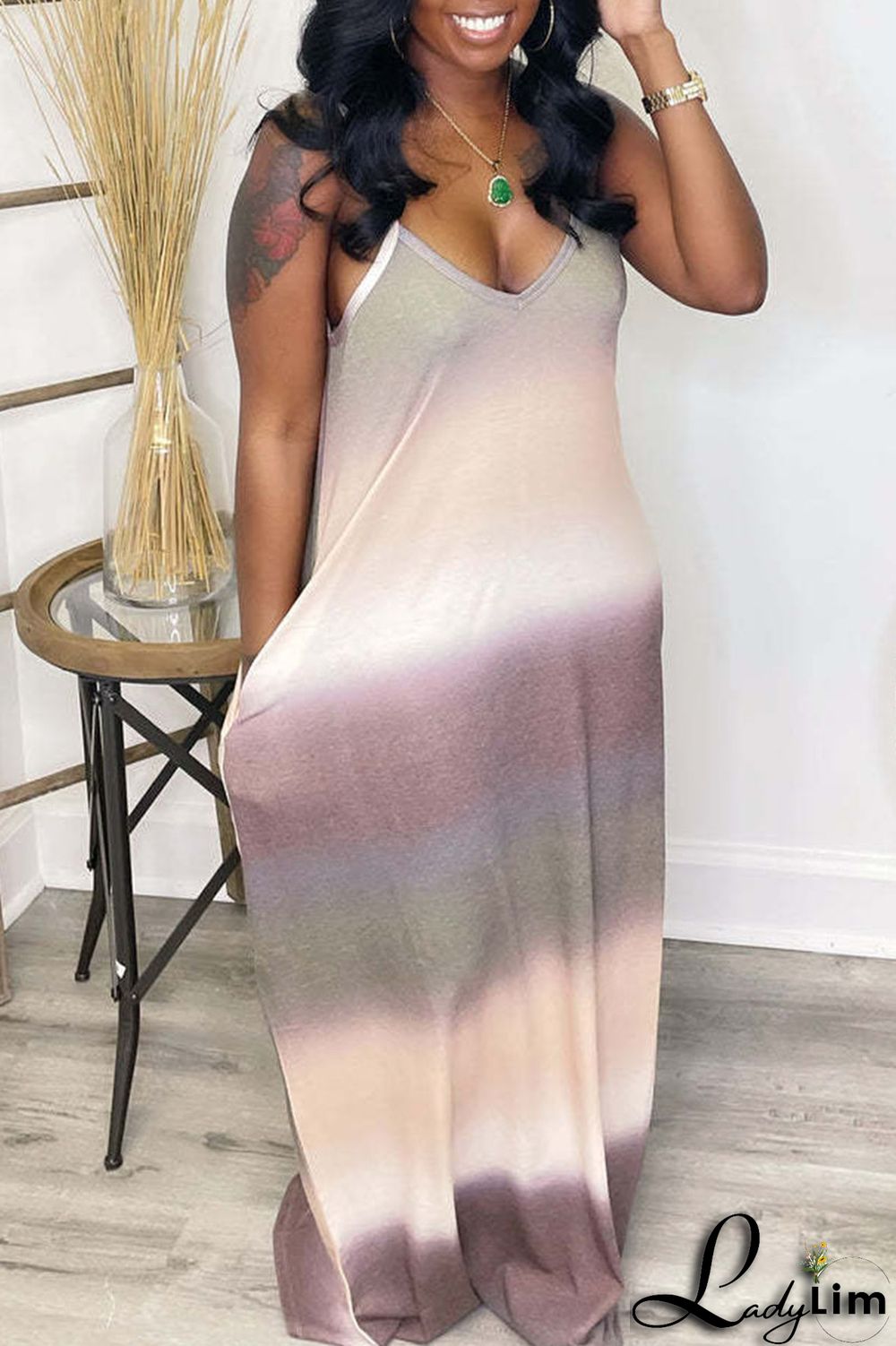 Red-Brown Casual Gradual Change Stripe Print Split Joint Spaghetti Strap Sling Dress