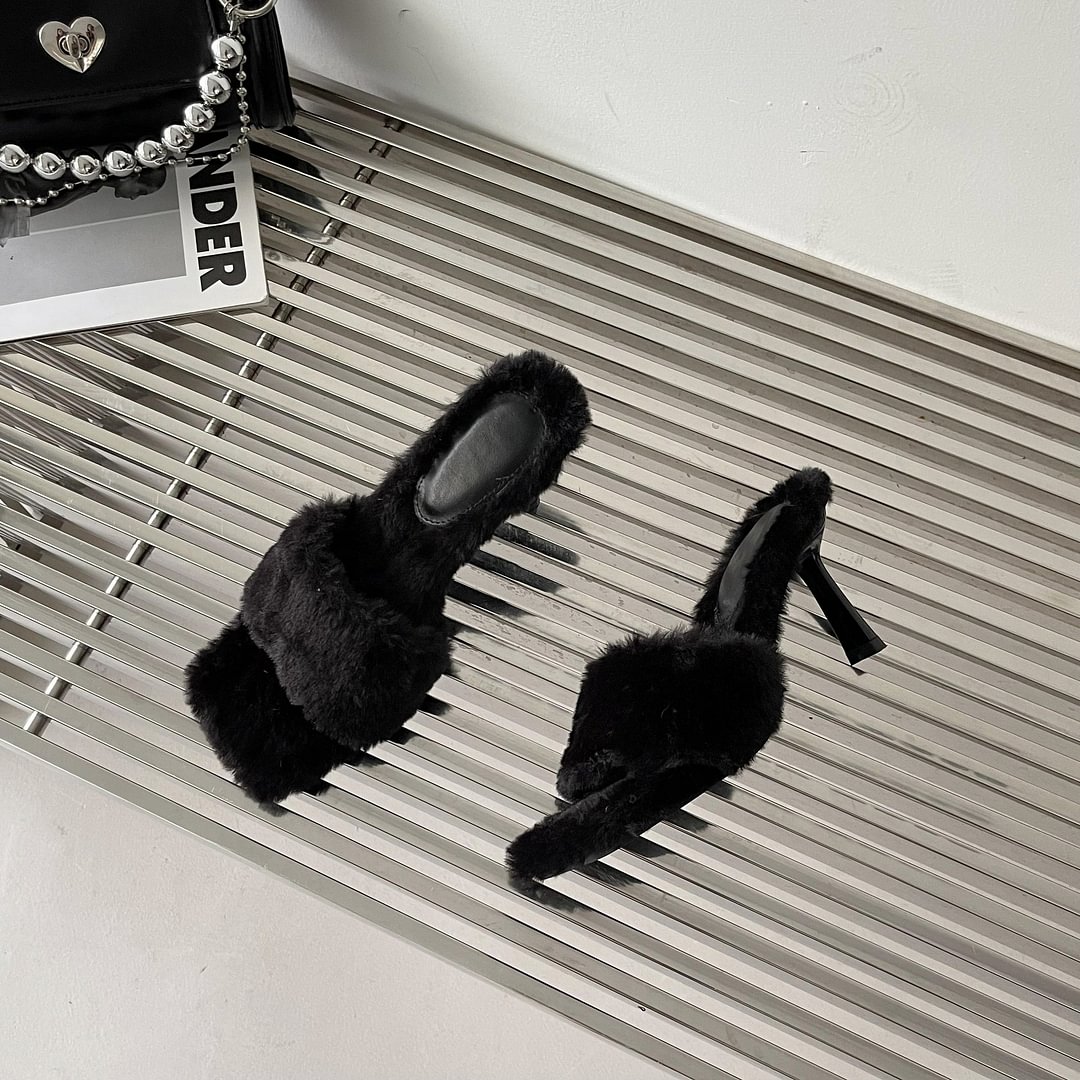 Square Head Thin Heel Hair Toe Straight Strap Slippers-PABIUYOU- Women's Fashion Leader