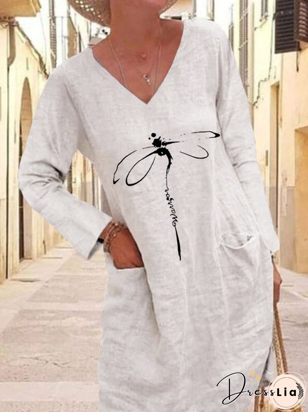 Casual Dragonfly Long Sleeve V Neck Plus Size Printed Dress