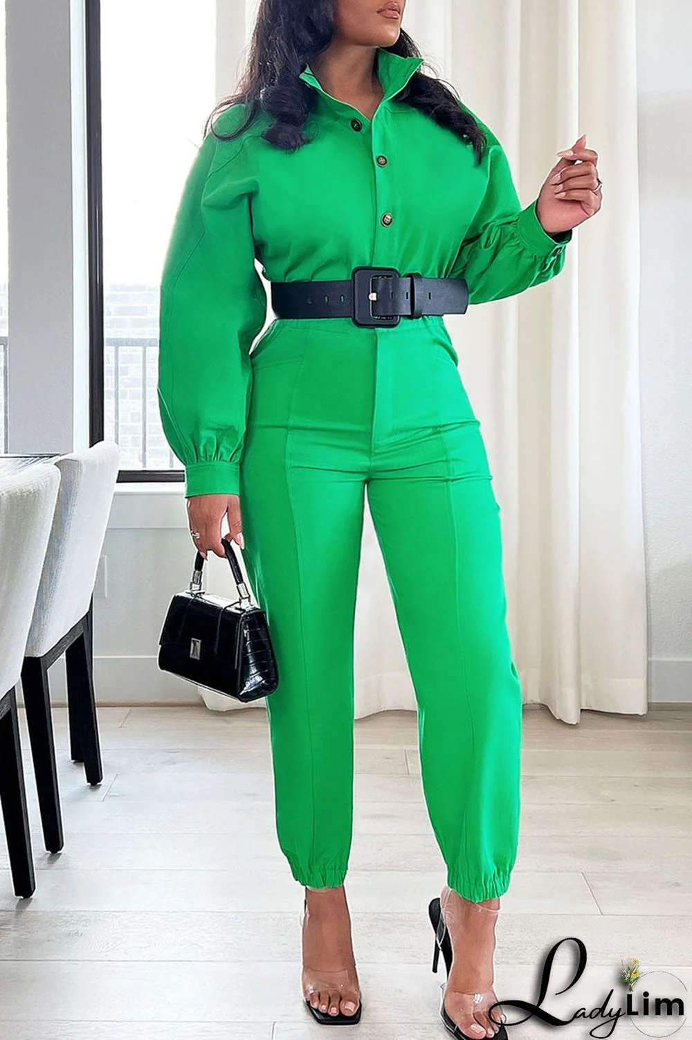 Green Casual Solid Patchwork Buckle Turndown Collar Jumpsuits(Without Belt)