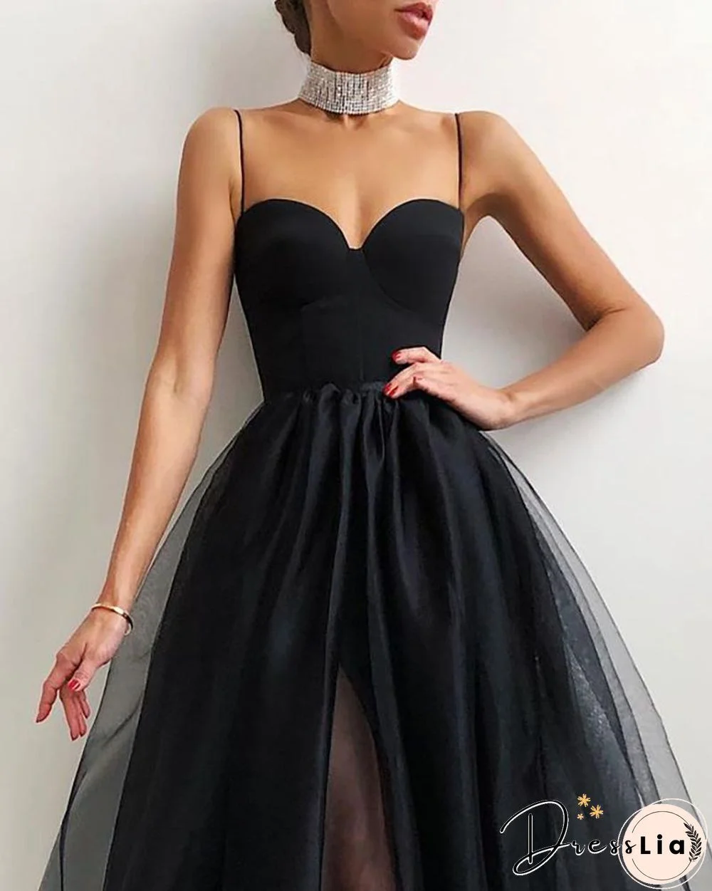 Spaghetti Strap Plain Sheer Mesh Evening Dress P15389