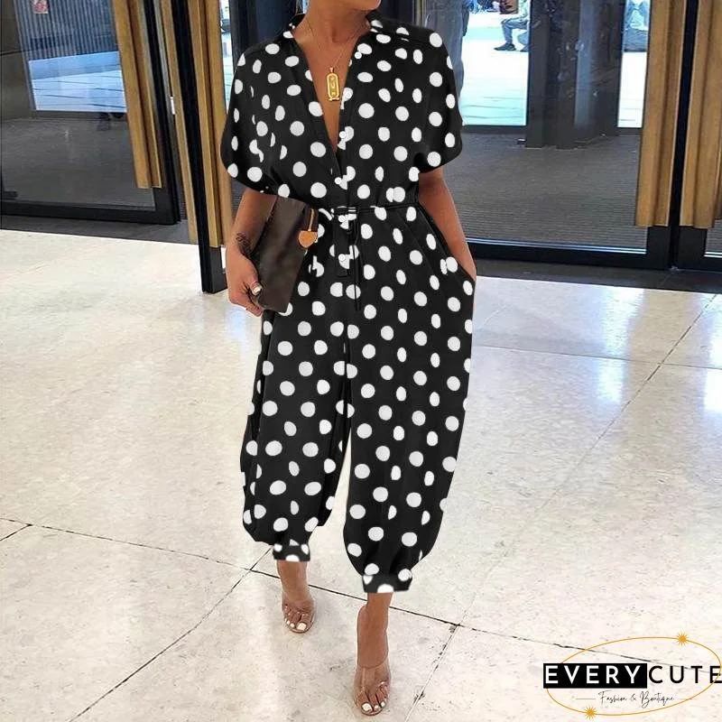 Women'S Jumpsuits Polka Dot Print Belted Short Sleeve Jumpsuit