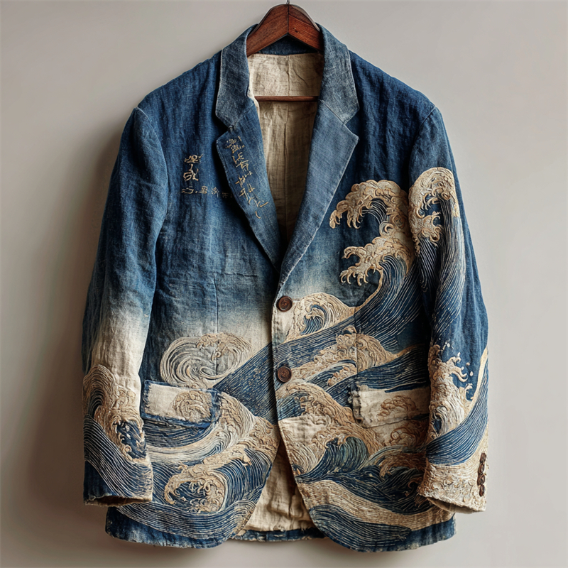 Men's Japanese Sea Waves Gradient Washed Casual Blazer  artssus