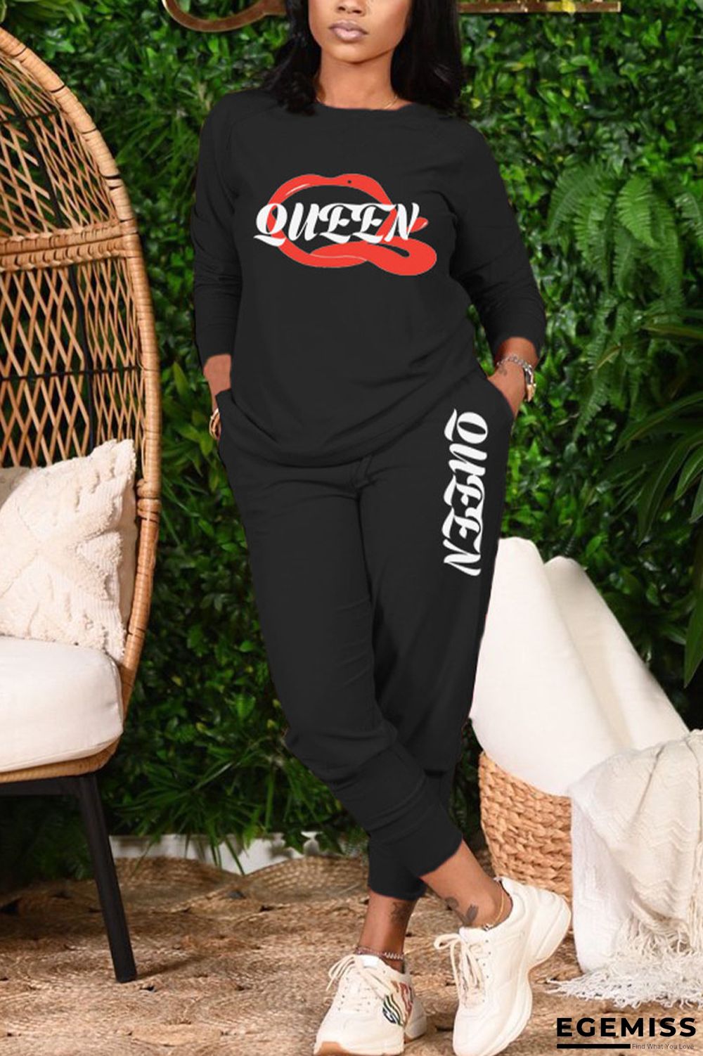 Black Casual Print Letter O Neck Long Sleeve Two Pieces | EGEMISS