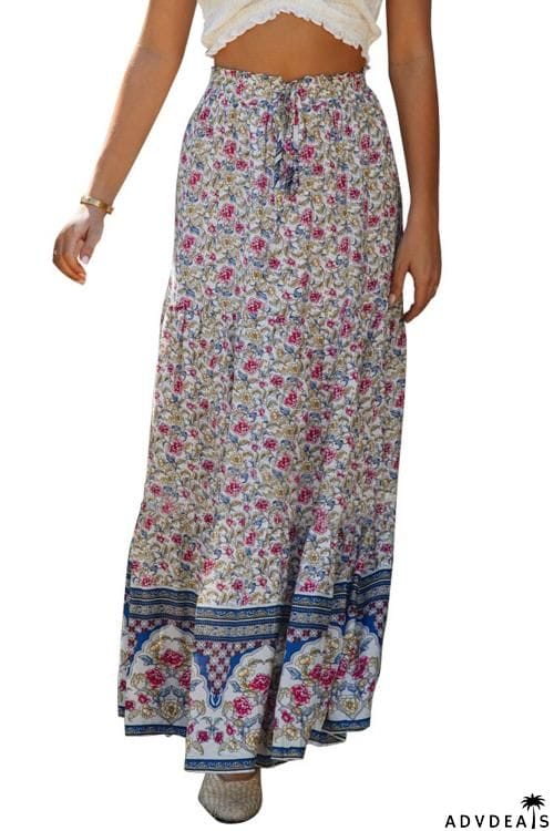 Boho Floral Print Elastic High Waist Pleated A Line Maxi Skirt