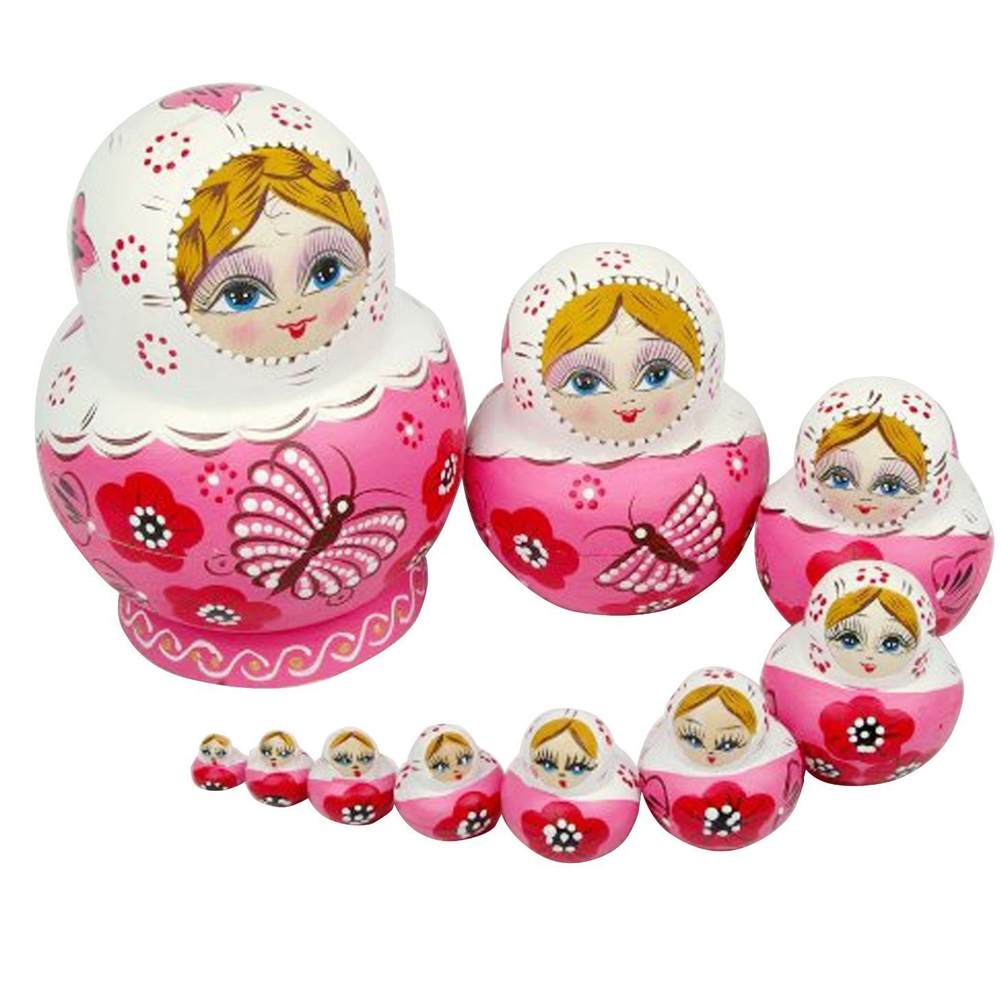

10PCS Pink Wooden Russian Nesting Dolls Gift Matreshka Handmade Crafts, 501 Original