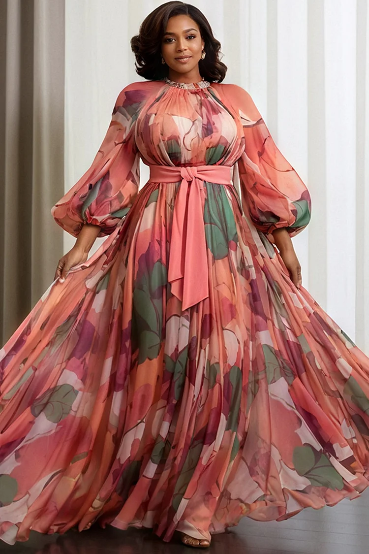 Xpluswear Design Plus Size Wedding Guest Multicolor Floral Round Neck Lantern Sleeve Long Sleeve Pleated Chiffon Maxi Dresses [Pre-Order] 2024 - Xpluswear