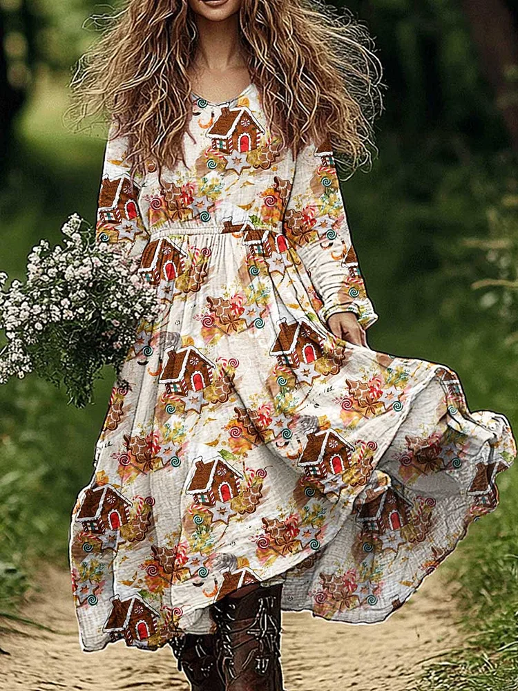 Womens Christmas Tree Pattern Cotton and Linen Dress