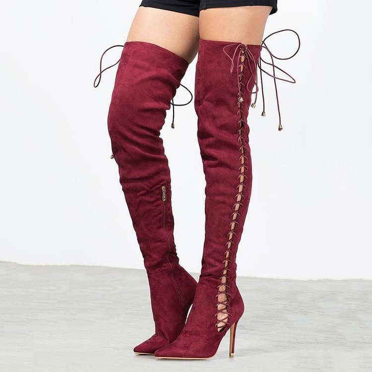 Women's Maroon Lace up Boots Suede Stiletto Heel Thigh High Boots |FSJ Shoes