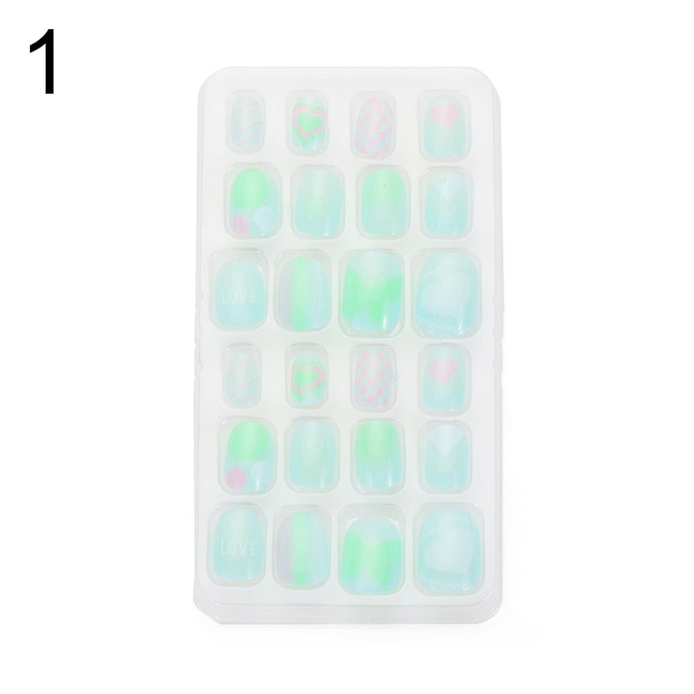 24PCS/Set Candy False Nail Tips Children Cartoon Full Cover Kid press Glue Self Fake Nail Art for Girls Manicure Tips Nail Decor