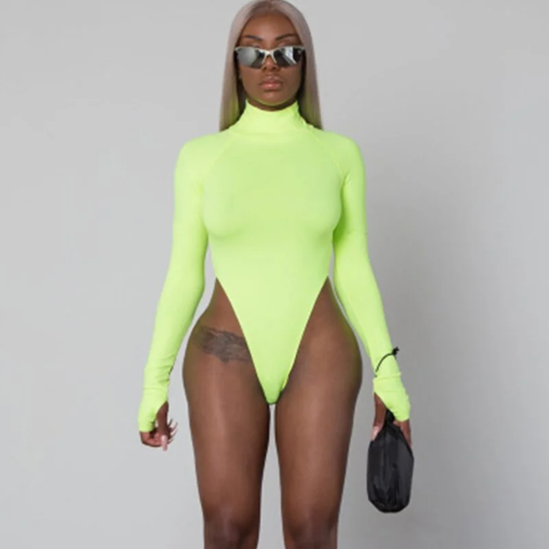 women bodysuit casual slim fit body clothes tops long sleeve high neck neon bodycon sexy Overalls for women autumn turtleneck