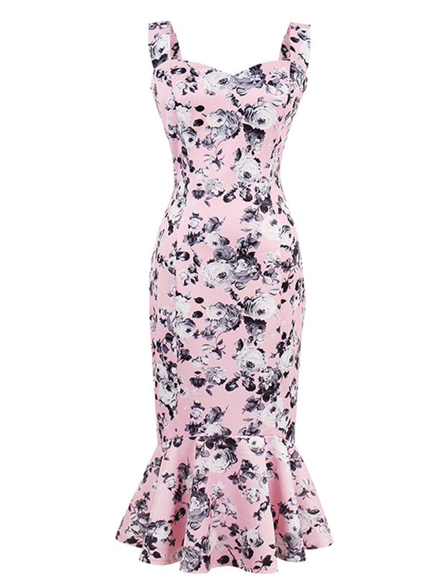 Sleeveless Bodycon Dress Pink Mermaid Floral Dress